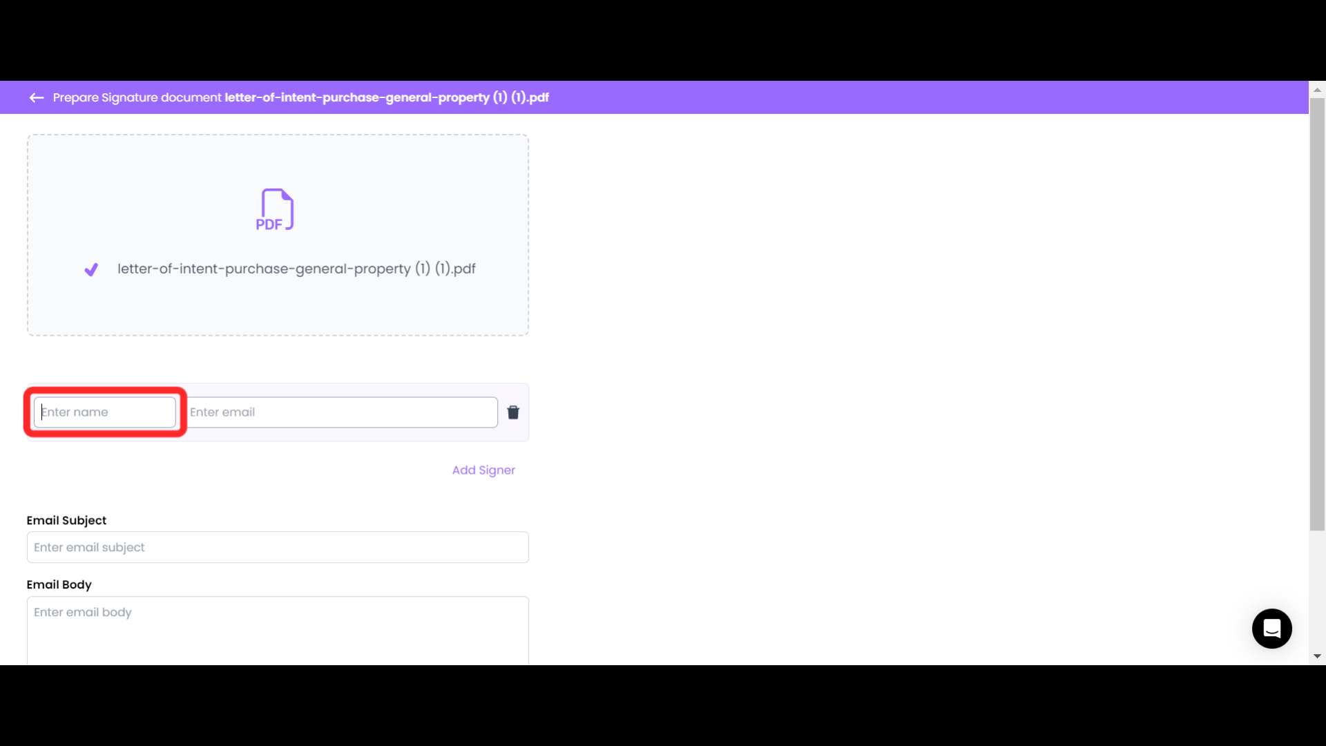 add name and email id of the signer